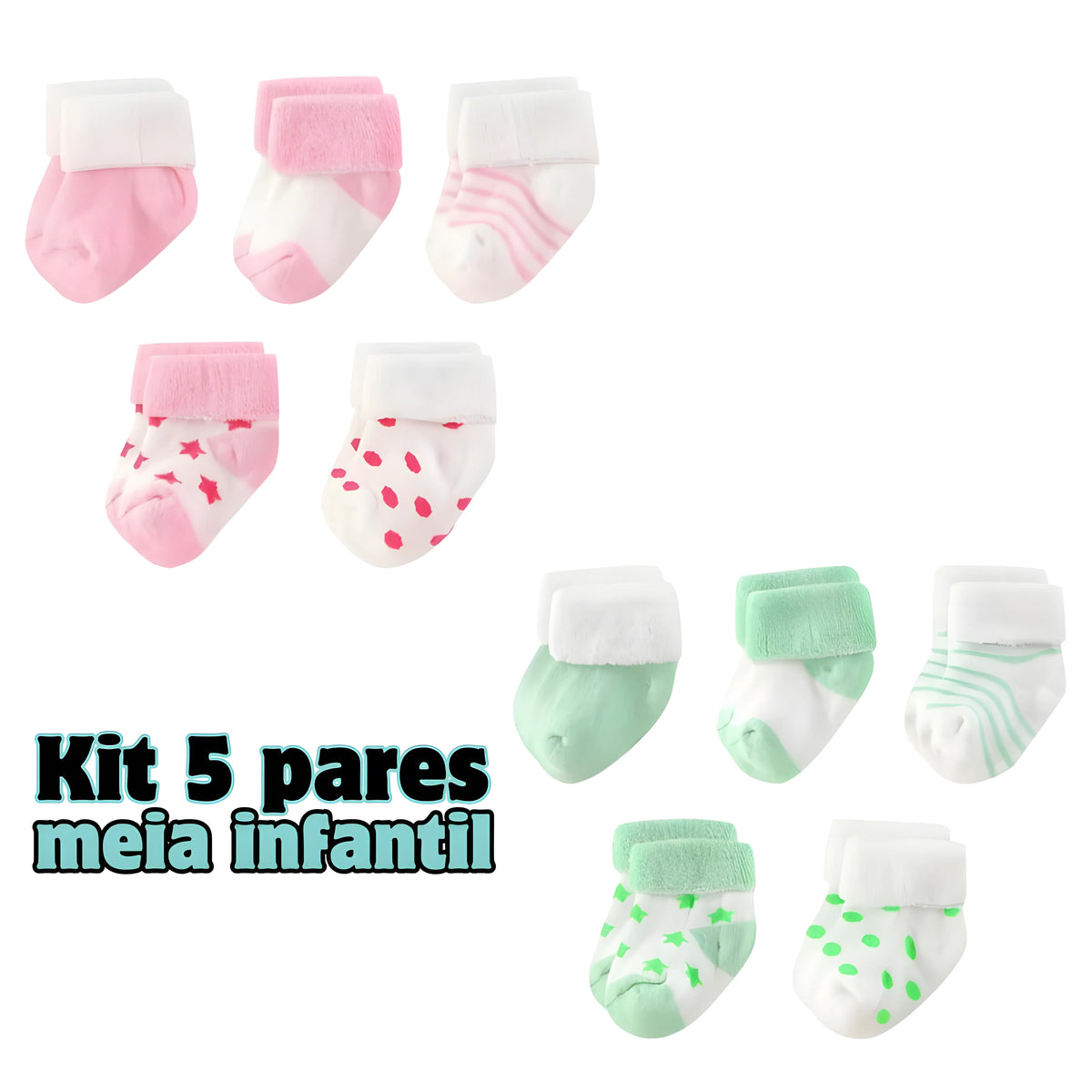 Kit 5 Pares Meia Infantil 100% Algodão